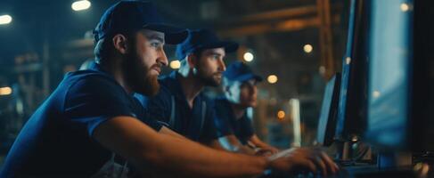 The dedicated team of workers focused on technology in a modern industrial setting. photo