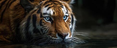 The striking portrait of a tiger reflecting in the water. photo