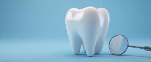 The clean white tooth with a dental mirror on a blue background photo
