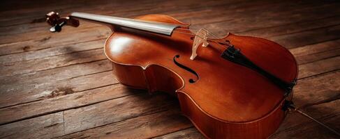 The elegant cello resting on a rustic wooden surface. photo