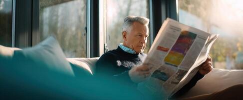 The elderly man reading a newspaper in a sunlit living room. photo