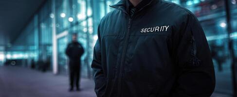 The security guard standing in a modern urban environment at night. photo
