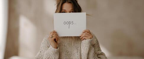 The woman playfully holding a card that says 'oops' in a cozy setting. photo