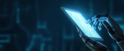 The robotic hand interacting with a futuristic glowing tablet screen photo
