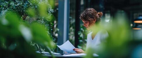The woman reading documents in a lush green workspace surrounded by plants. photo