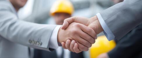 The handshake symbolizes a successful business agreement in a corporate setting. photo