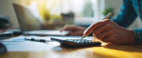The calculator and pen on a desk for financial planning and analysis photo