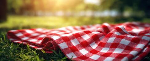 The inviting picnic blanket resting on soft grass in the warm sunlight. photo