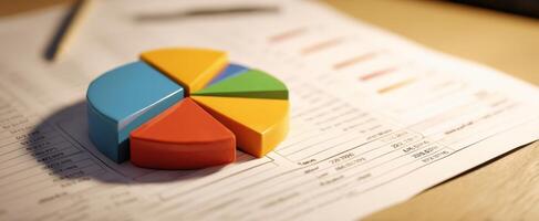 The colorful pie chart on financial report showcasing data analysis and insights. photo