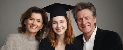 The joyful graduation portrait with proud family members celebrating achievement. photo