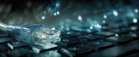 The Ethernet Cable Connected to a Keyboard with Glowing Data Transmission. photo