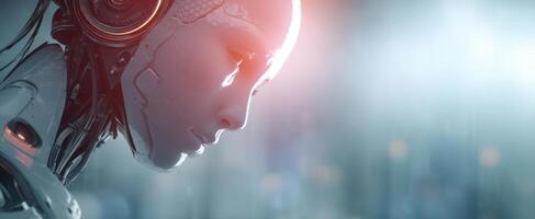 The humanoid robot in a futuristic, glowing cybernetic environment. photo