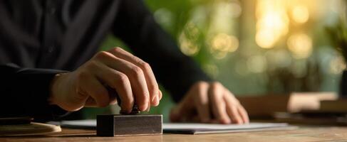 The hand applying a stamp on important documents in a bright office setting. photo