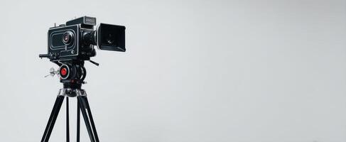 The vintage camera on a tripod against a minimalistic background photo