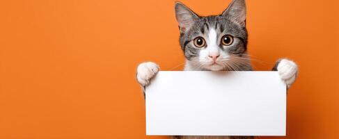 The cute cat holding a blank sign against an orange background. photo