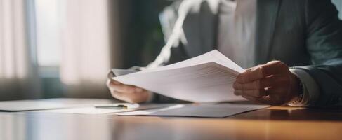 The businessman analyzing important documents in a well-lit office setting. photo