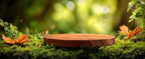 The wooden platform surrounded by lush greenery and autumn leaves in nature. photo