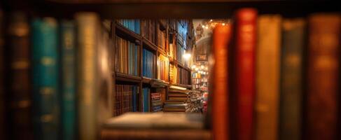 The enchanting library filled with colorful books and warm lighting. photo