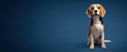 The beagle sitting proudly against a clean blue backdrop. photo