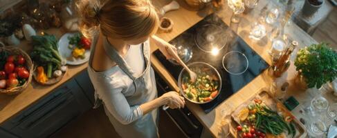 The woman cooking fresh vegetables in a cozy home kitchen environment. photo