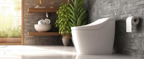 The modern toilet design in a stylish, tranquil bathroom setting with greenery. photo