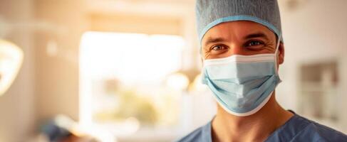 The smiling healthcare worker in a medical mask conveying professionalism and care photo