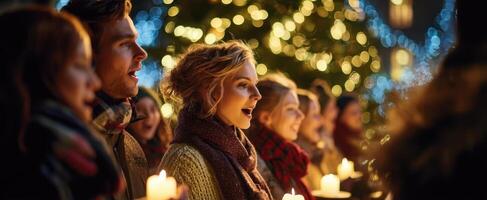 The joyful carolers singing together amidst twinkling holiday lights and candles. photo