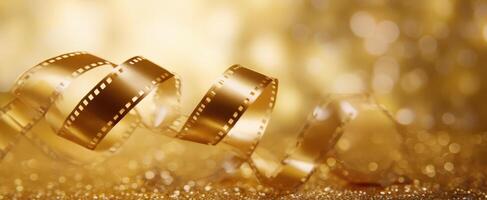 The golden film reel shimmering gracefully against a sparkling background. photo