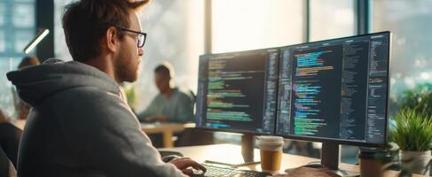 The coder immersed in programming at a modern workspace with dual monitors. photo