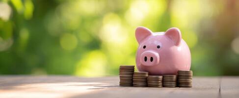 The piggy bank surrounded by stacks of coins on a wooden table. photo