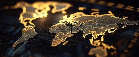 The Golden World Map Displaying Modern Digital Connectivity and Data Visualization photo