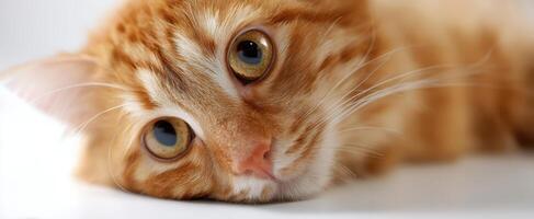 The adorable orange cat resting with curious eyes and gentle expression. photo