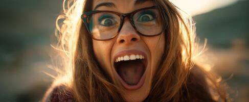 The joyful woman expressing excitement with big glasses and a bright smile. photo