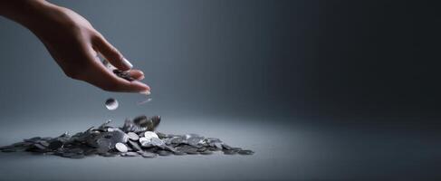 The hand releasing coins over a pile of money on a dark surface. photo