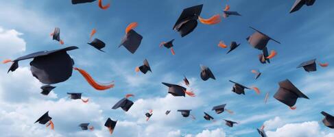 The joyful moment of graduation caps soaring high into the sky photo