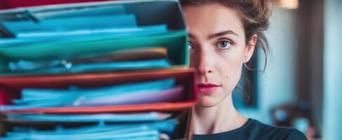 The woman managing paperwork and balancing work-life challenges in a modern office setting. photo
