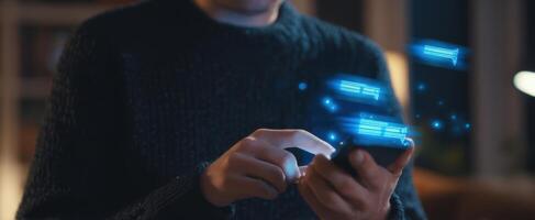 The smartphone displaying glowing messages in a cozy evening setting. photo