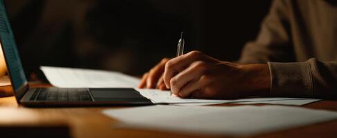 The focused hand writing notes at a modern workspace with a laptop. photo