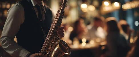 The saxophonist captivating an audience in a lively jazz restaurant atmosphere. photo