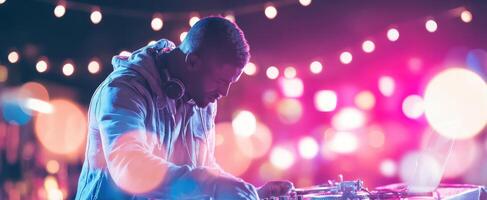 The DJ creating an electrifying atmosphere under vibrant lights at a night party. photo