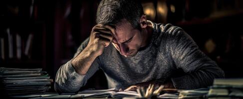 The man experiencing stress while studying late at night amidst paperwork. photo