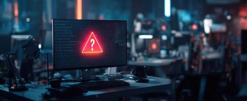 The computer screen displaying a warning alert in a high-tech workspace. photo