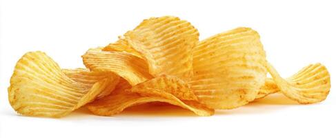The pile of crunchy potato chips arranged artfully for snacking delight. photo