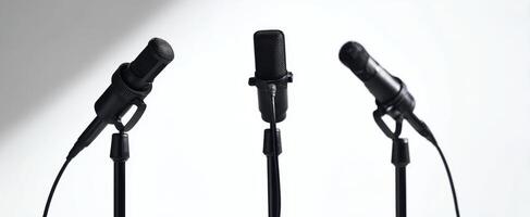 The professional microphones on stands create a sleek audio recording setup. photo