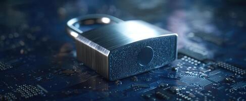 The secure lock on a digital circuit board representing data protection. photo