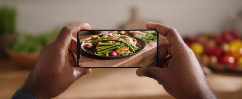 The smartphone capturing a beautifully plated vegetable dish in the kitchen. photo