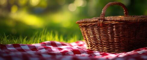The picnic basket resting on a checkered blanket in a serene outdoor setting. photo