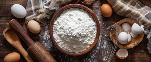The flour, eggs, and kitchen tools for baking delicious homemade pastries. photo
