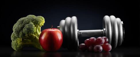 The colorful assortment of fruits and dumbbell representing balanced nutrition and fitness. photo