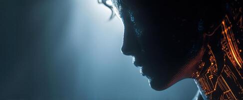 The futuristic silhouette of a cybernetic figure illuminated by glowing patterns. photo